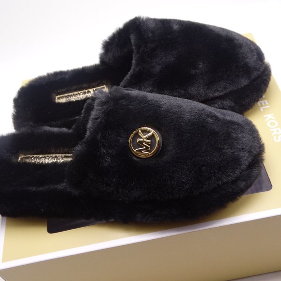 Michael Michael Kors Sherpa Black Slippers Sz 8 - Picture 1 of 6